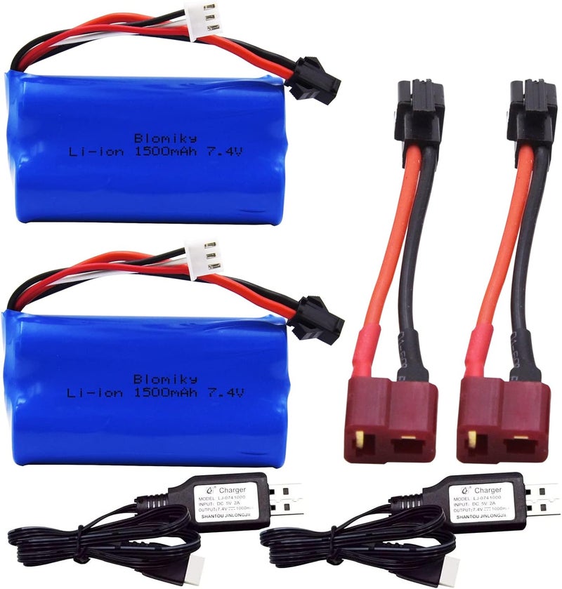 Blomiky 2 Pack 7.4V 1500mAh Li-ion Rechargeable Battery SM-2P Plug with T Adapter and USB Cable Suitable for H101 H103 H105 RC Boat RC Trucks H101 Battery & T 2 - Image 2